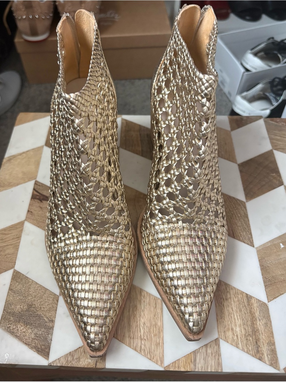 PAIGE Gold Woven Pointed Ankle Booties - Picture 1 of 3